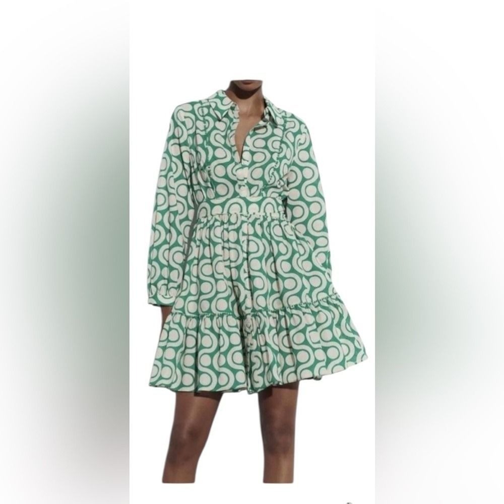 Zara Shirt Dress Womens XS Green Geometric Print Long Sleeve Ruffle Cotton Mini